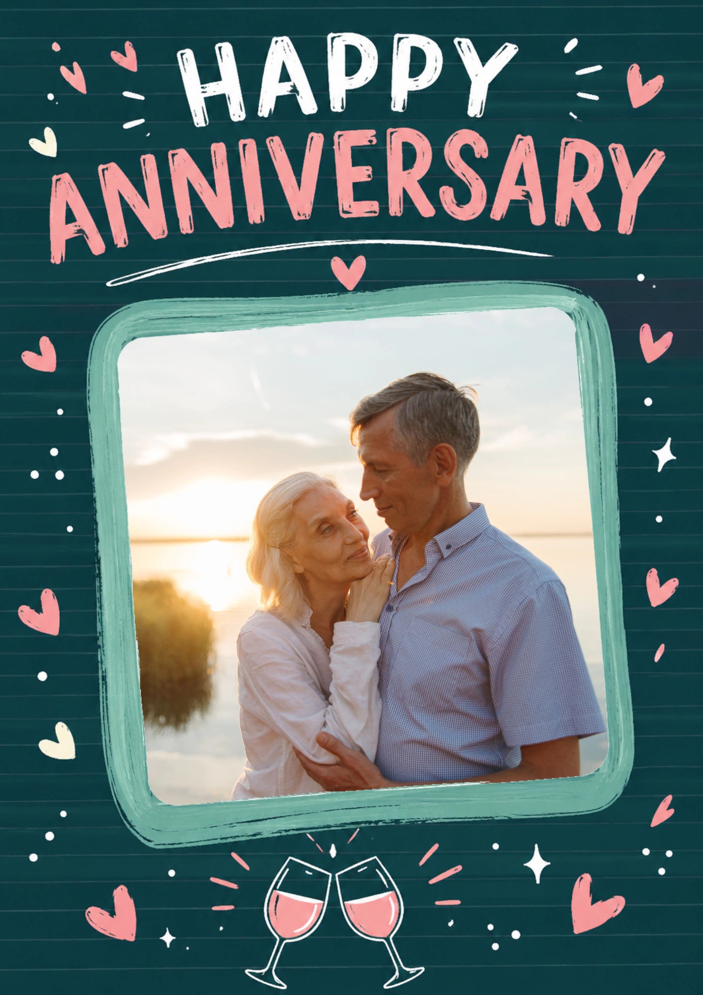 Happy Anniversary Hearts and Wine Photo Upload Anniversary Card