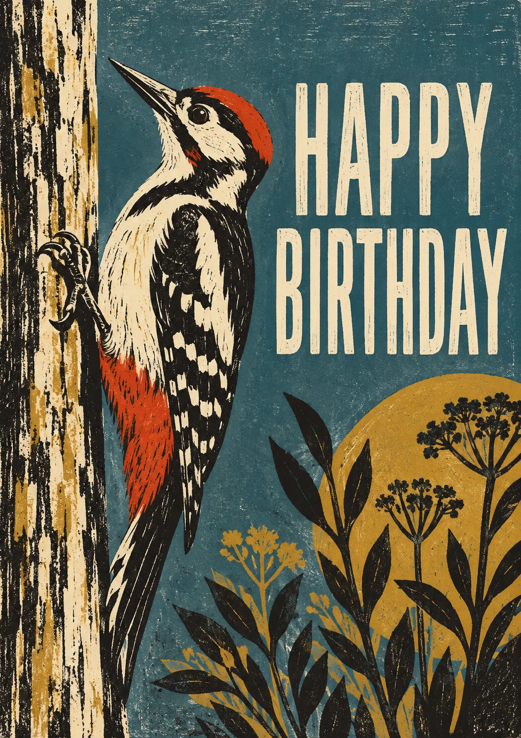 Woodpecker Nature Illustration Happy Birthday Card