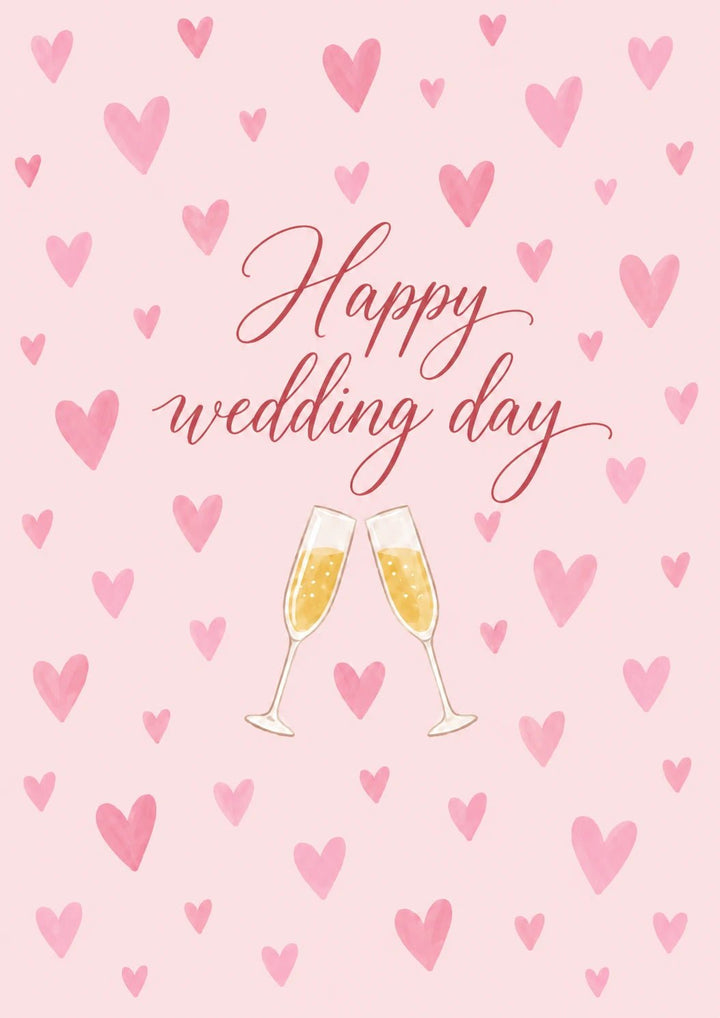 Pink Hearts Champagne Toast Wedding Day Card