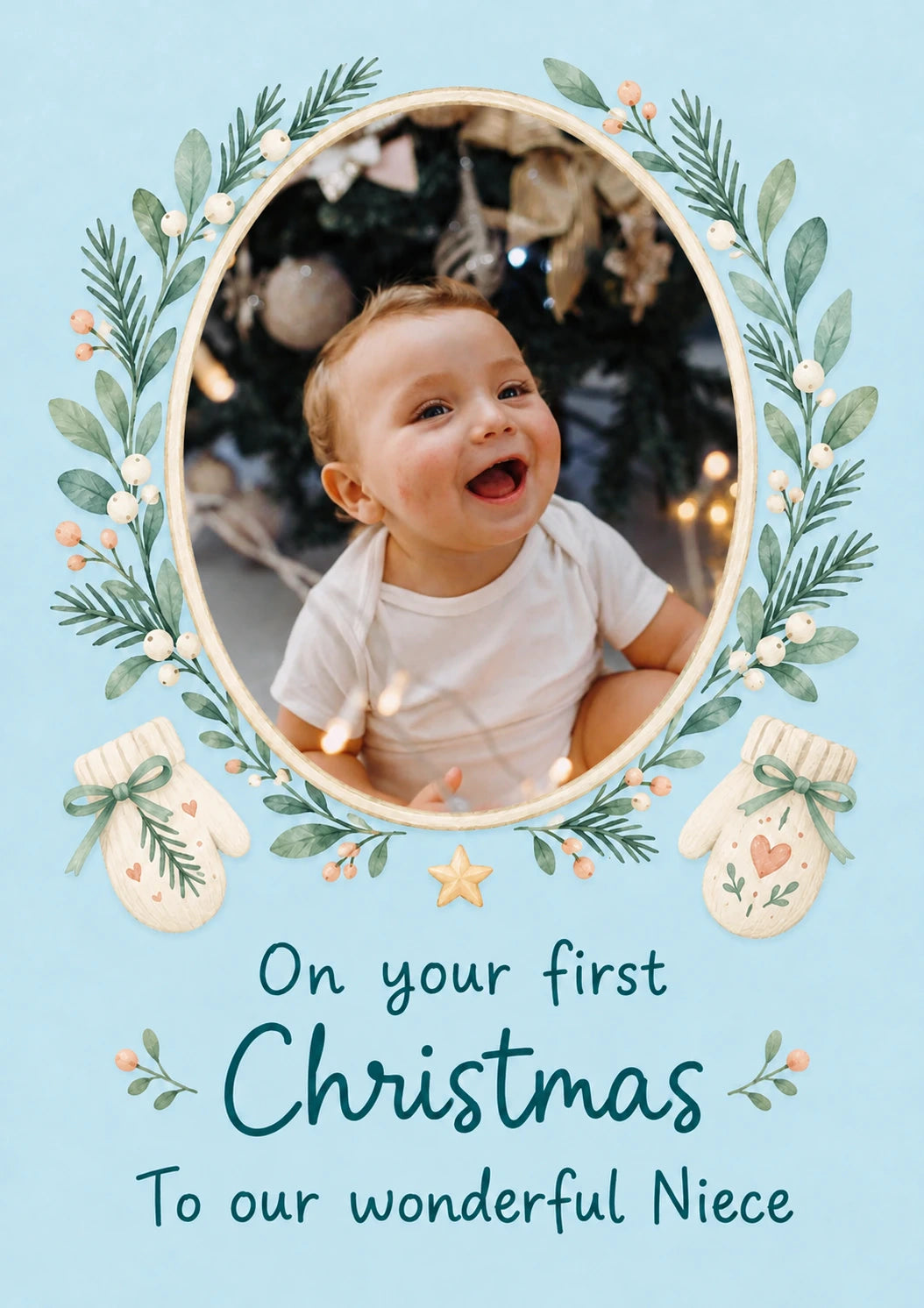 Festive Wreath Mittens Photo Upload Christmas Card for Nephew