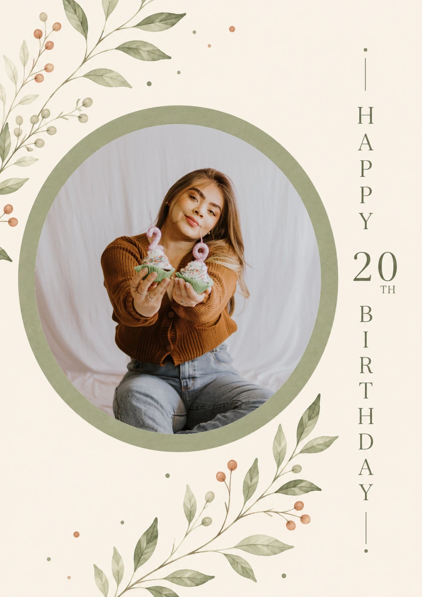 Sage Green Botanical 20th Photo Upload Birthday Card for Her