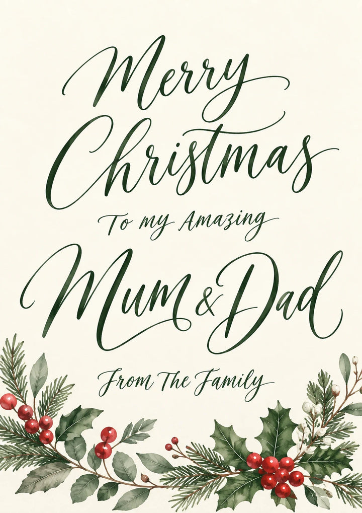 Watercolour Holly Merry Christmas Card for Mum and Dad