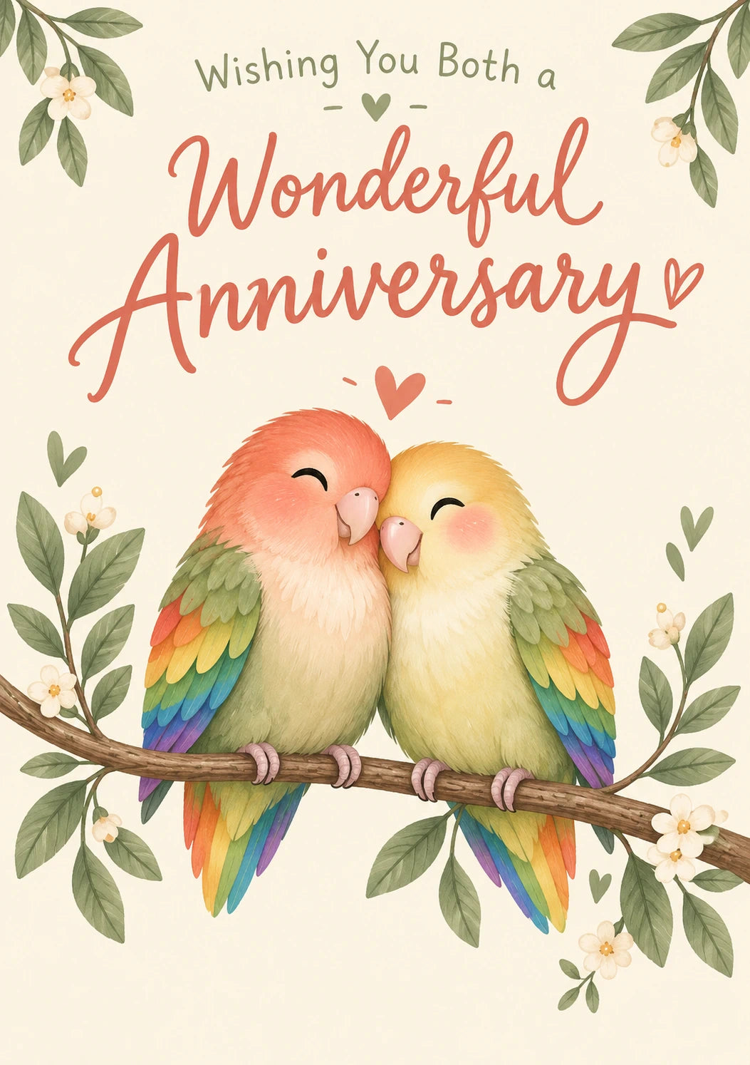 Rainbow Lovebirds on Branch Anniversary Card