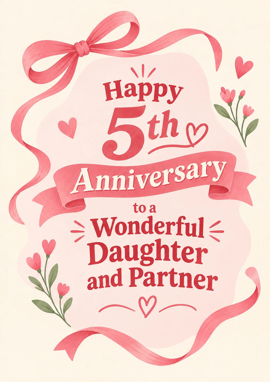 Pink Ribbon Bow Floral 5th Anniversary Card for Her