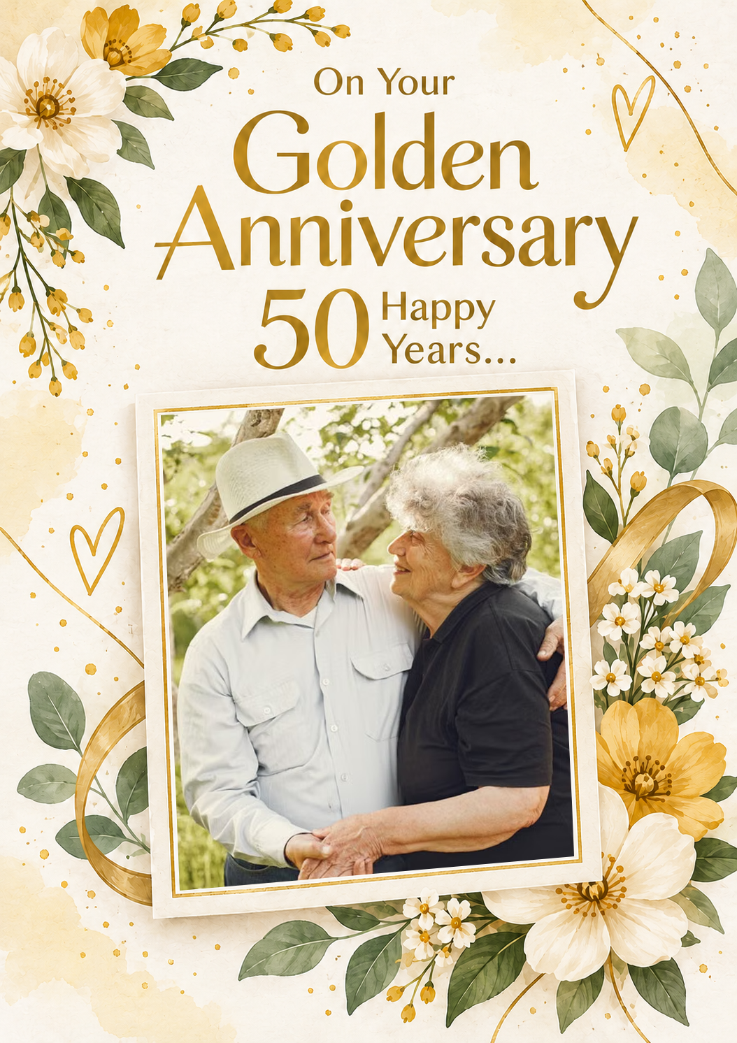 Gold Floral 50th Photo Upload Anniversary Card for Parents