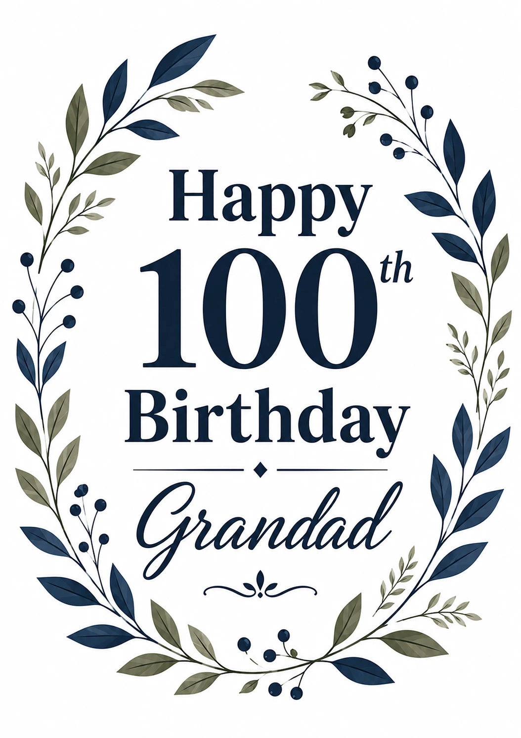 Navy Botanical Wreath 100th Birthday Card for Him