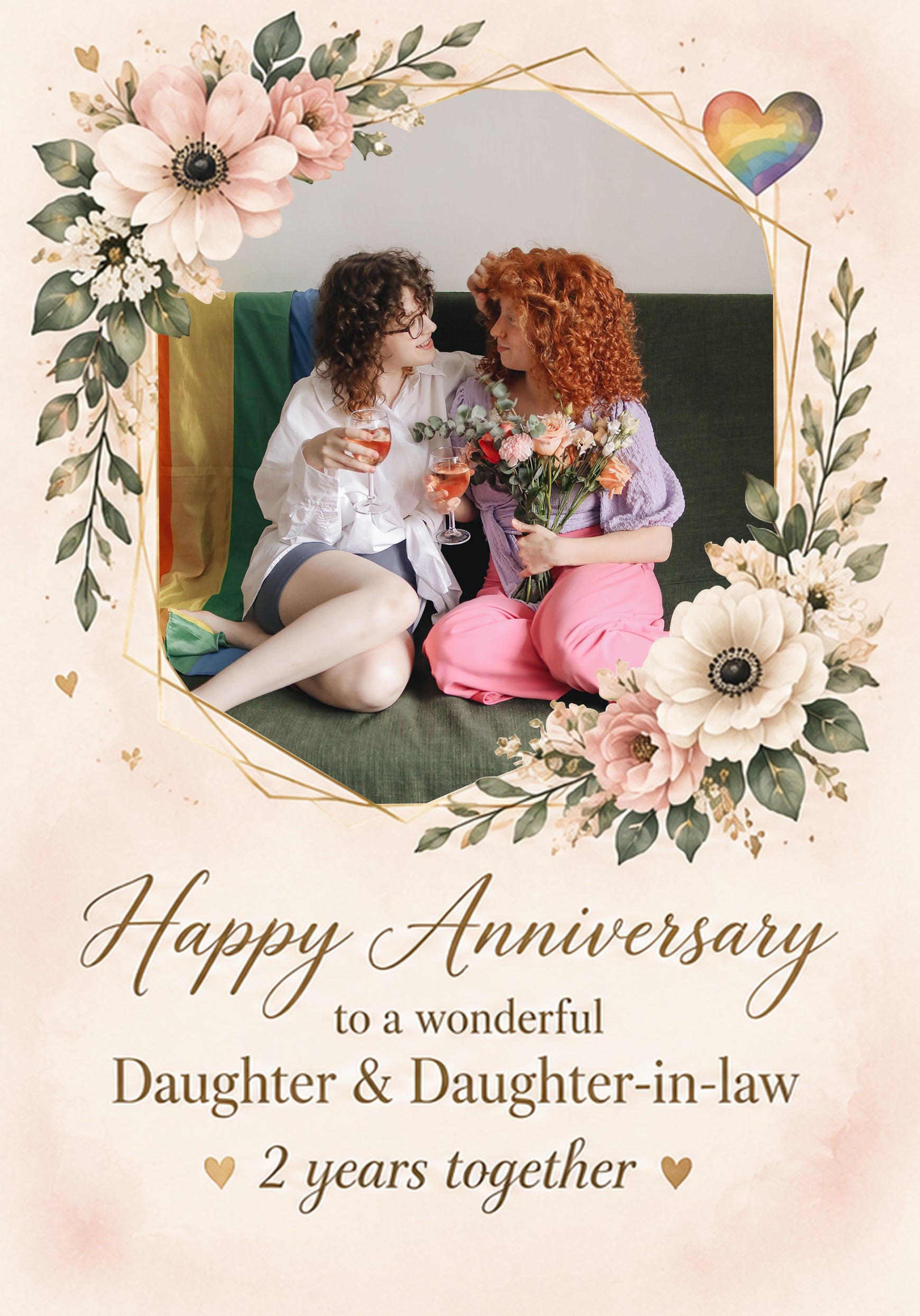 Pink Floral Daughter & Daughter-in-Law Photo Upload Anniversary Card