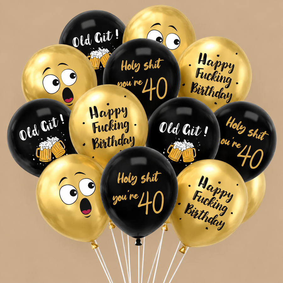 Black and Gold Rude 40th Birthday Balloons 16s