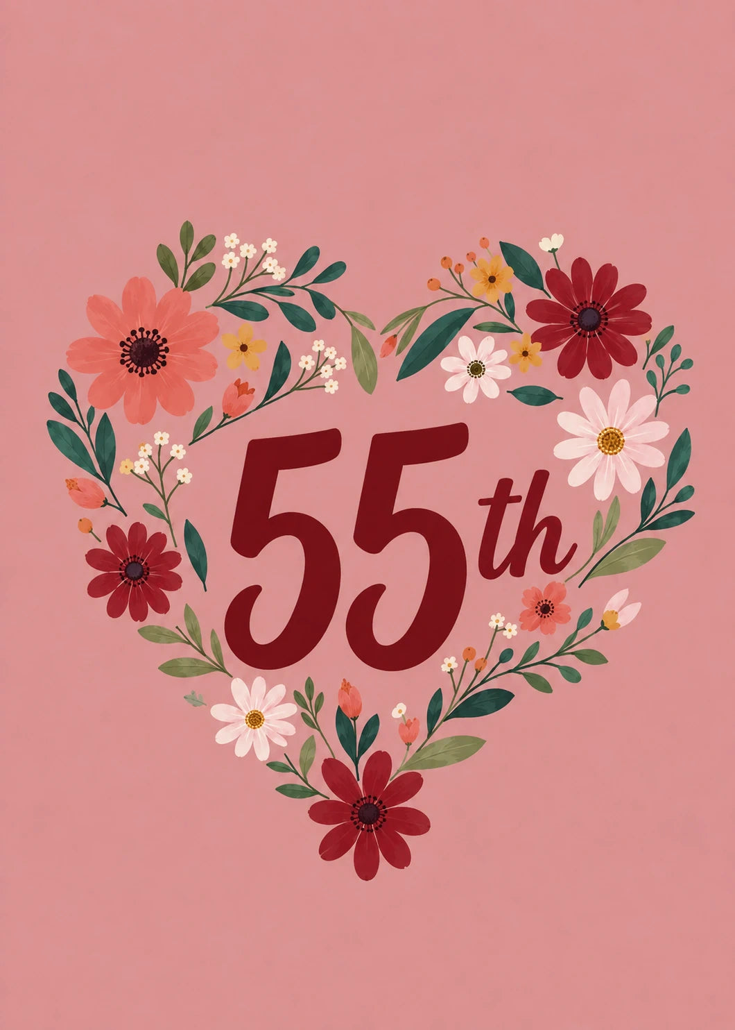Floral Heart 55th Birthday Card for Her