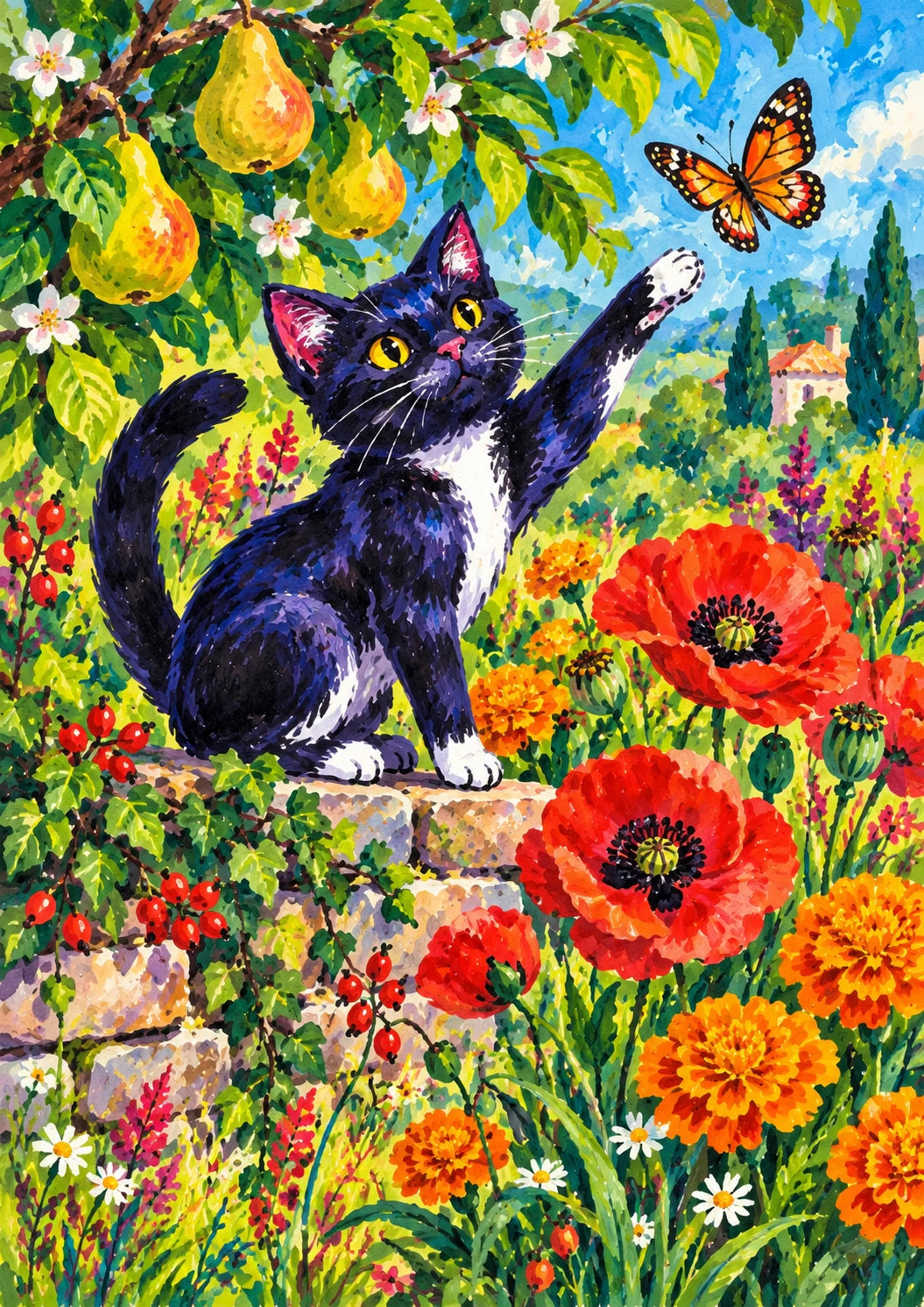 Tuxedo Cat and Butterfly Garden Just Because Card