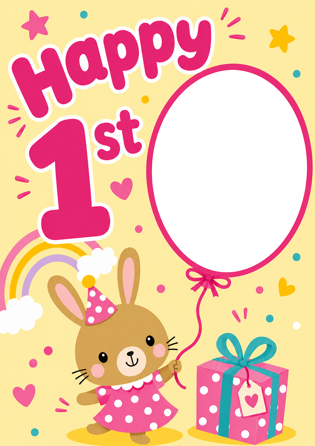 Cute Bunny Happy 1st Photo Upload Birthday Card for Her