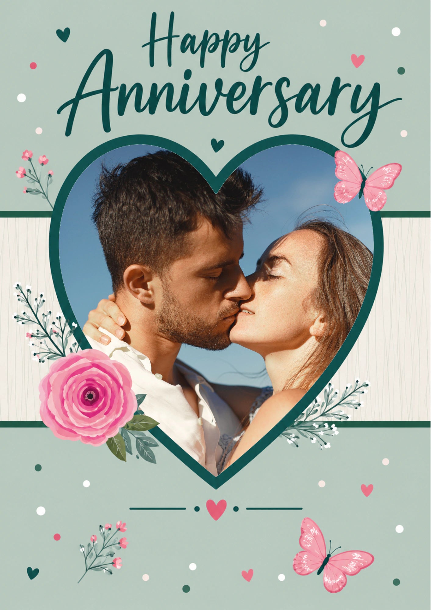 Teal Floral Heart Photo Upload Anniversary Card