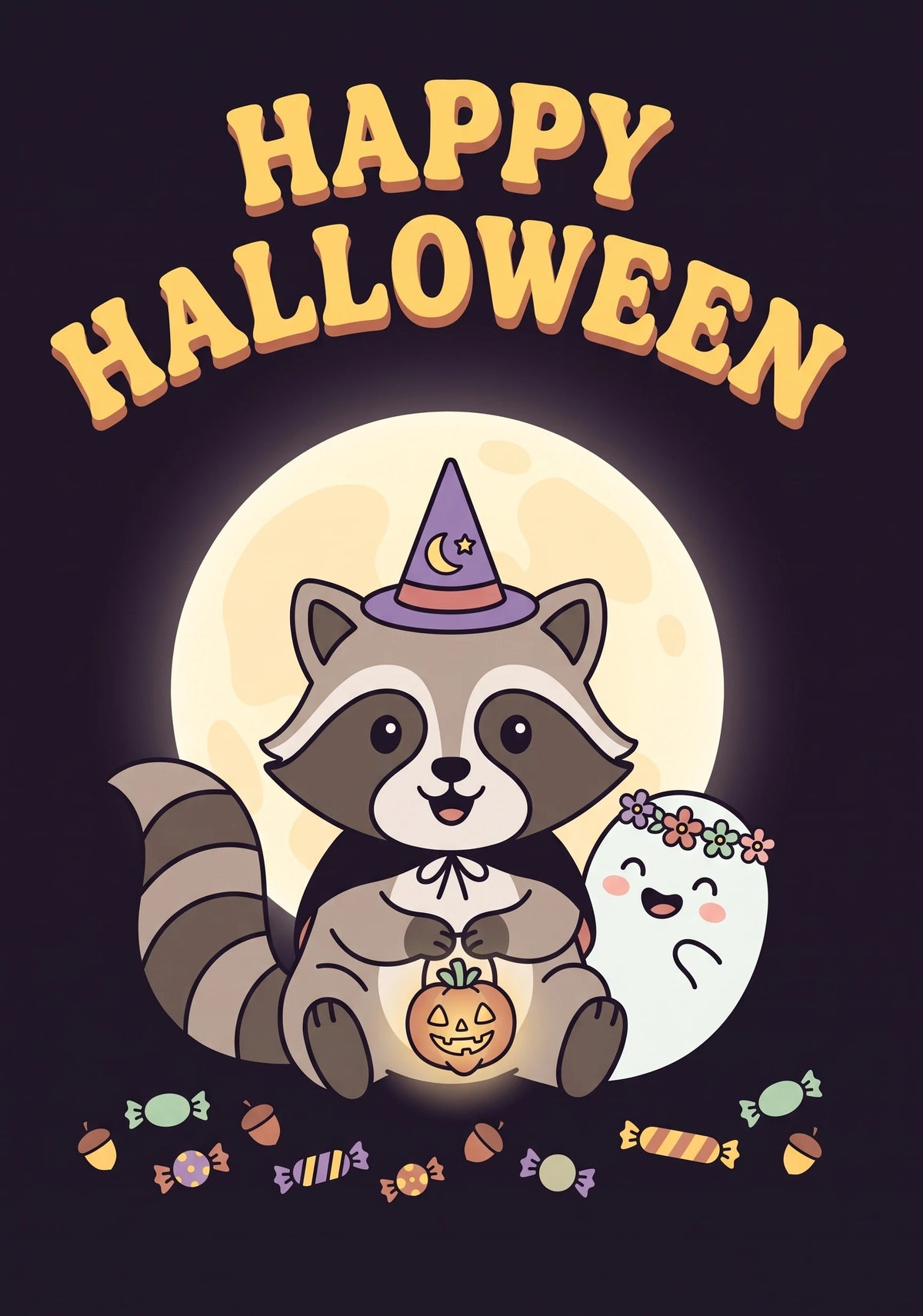 Cute Raccoon Witch and Ghost Halloween Card for Kids