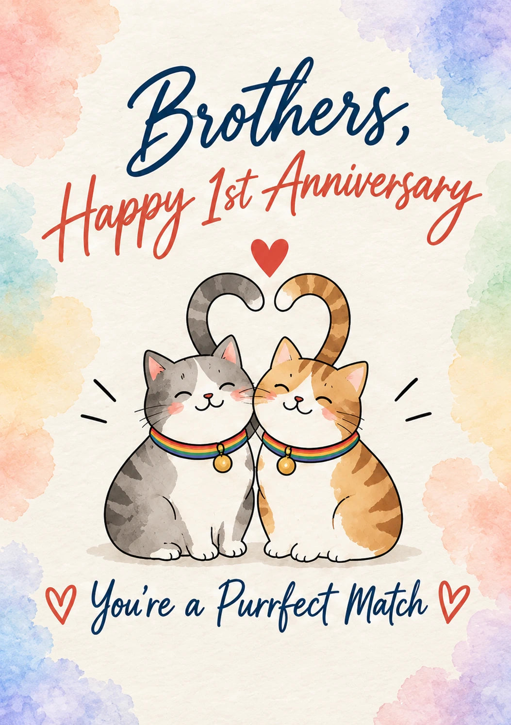 Cute Rainbow Cats Purrfect Match 1st Anniversary Card