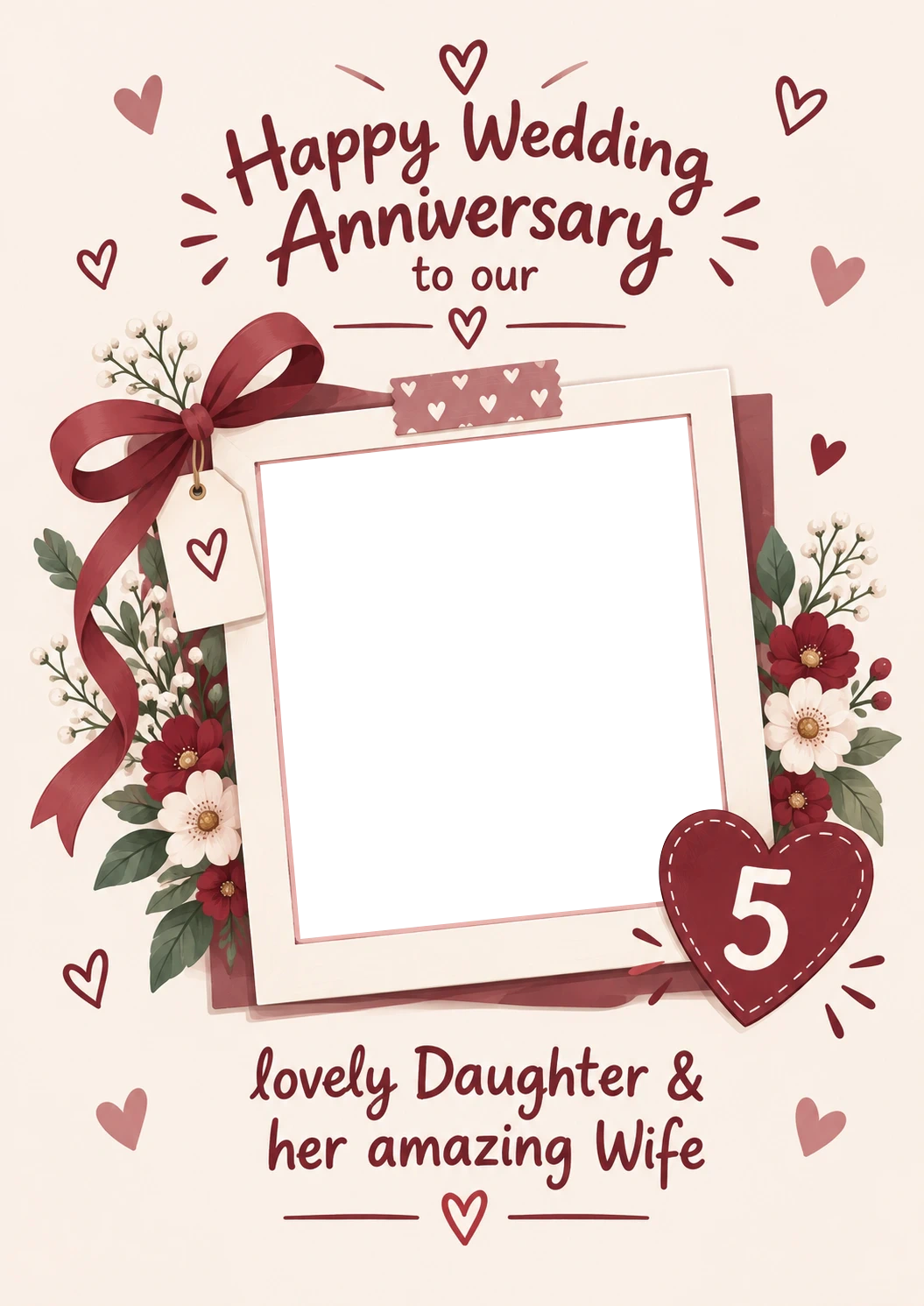 Floral Ribbon Hearts 5th Anniversary Photo Upload Card for Her