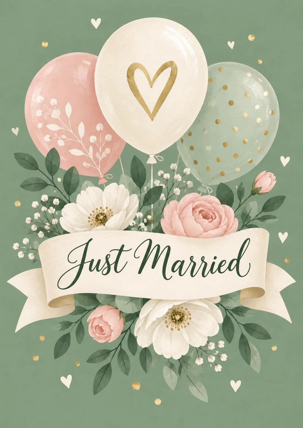 Just Married Floral Balloon Wedding Card for Her