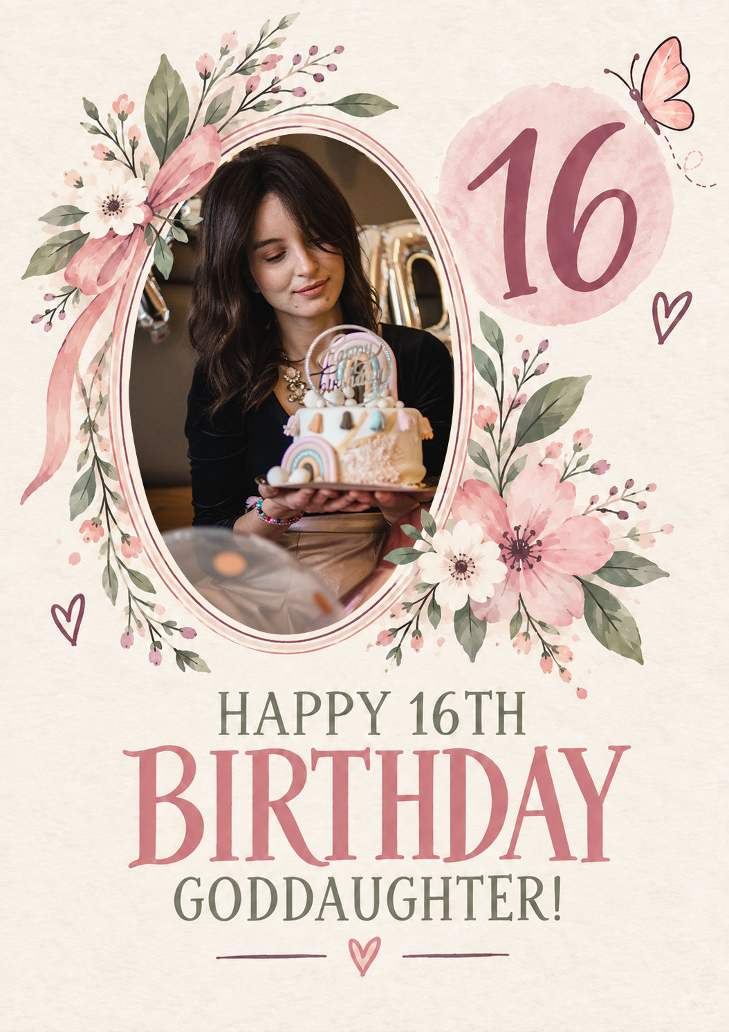 Pink Floral Wreath 16th Photo Upload Birthday Card for Her