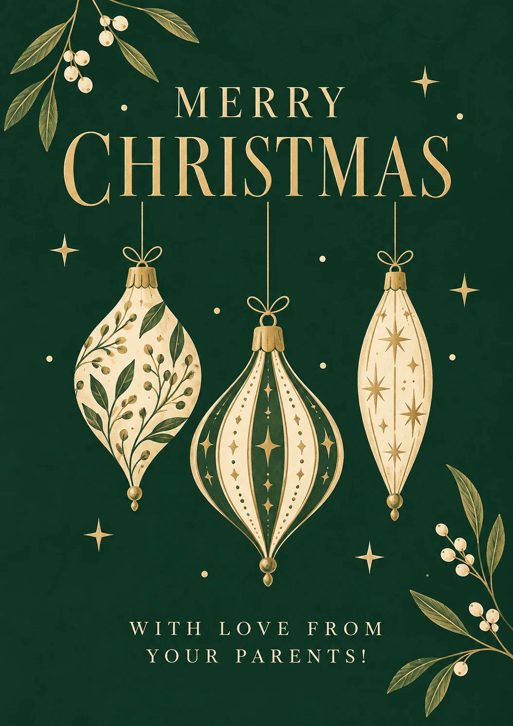 Elegant Green and Gold Baubles Christmas Birthday Card