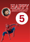 Load image into Gallery viewer, Spiderman Balloon Number 5 Photo Upload Birthday Card for Him
