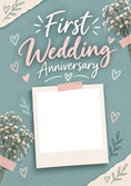 Load image into Gallery viewer, Teal Floral Hearts 1st 1st Anniversary Photo Upload Anniversary Card
