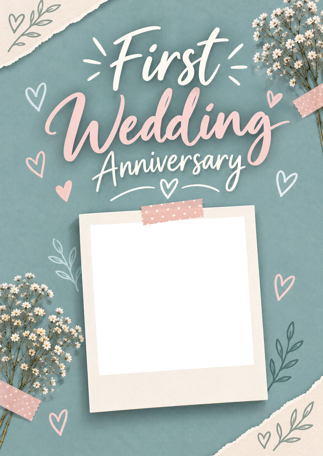 Teal Floral Hearts 1st 1st Anniversary Photo Upload Anniversary Card