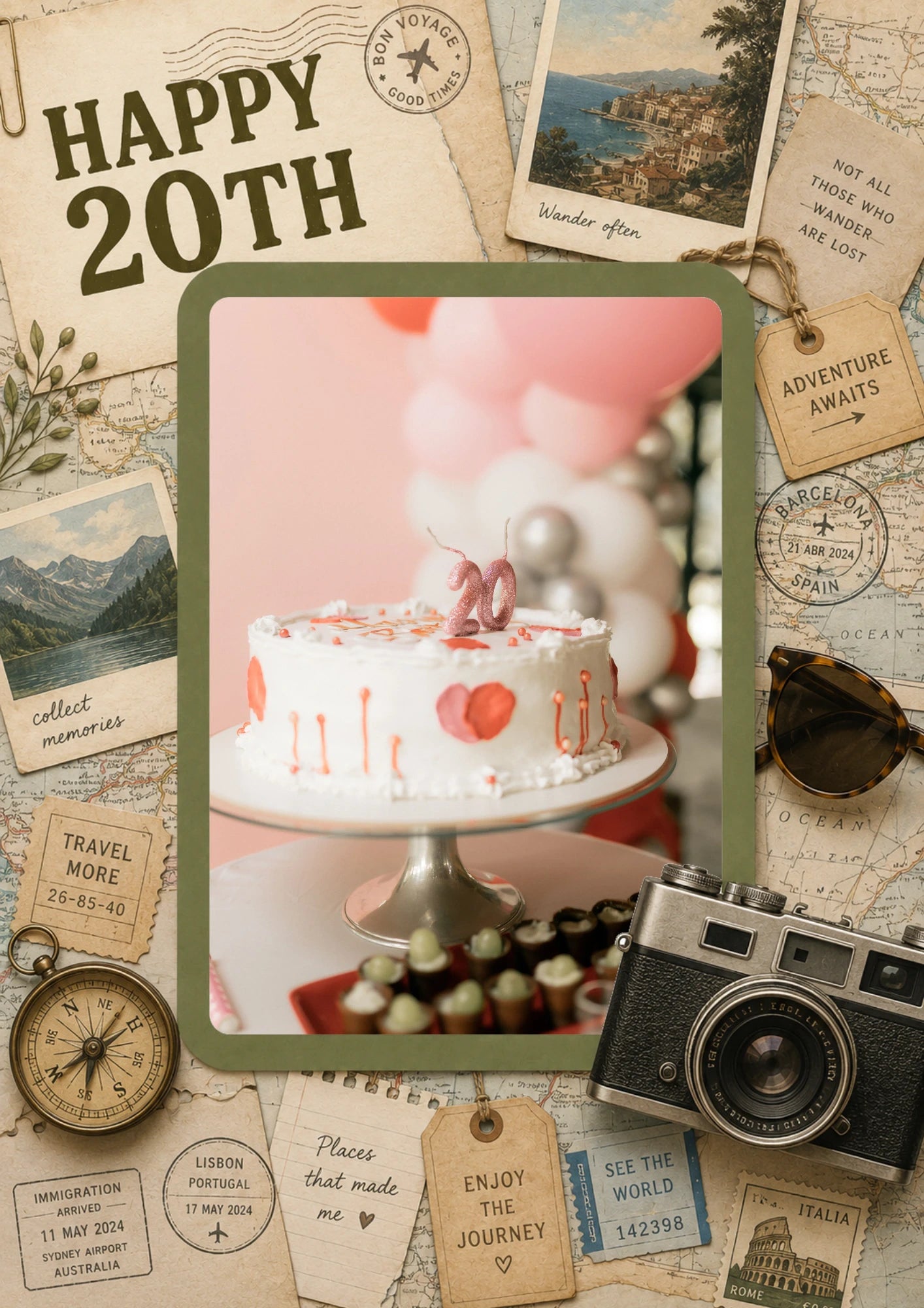 Vintage Travel Adventure 20th Photo Upload Birthday Card for Her