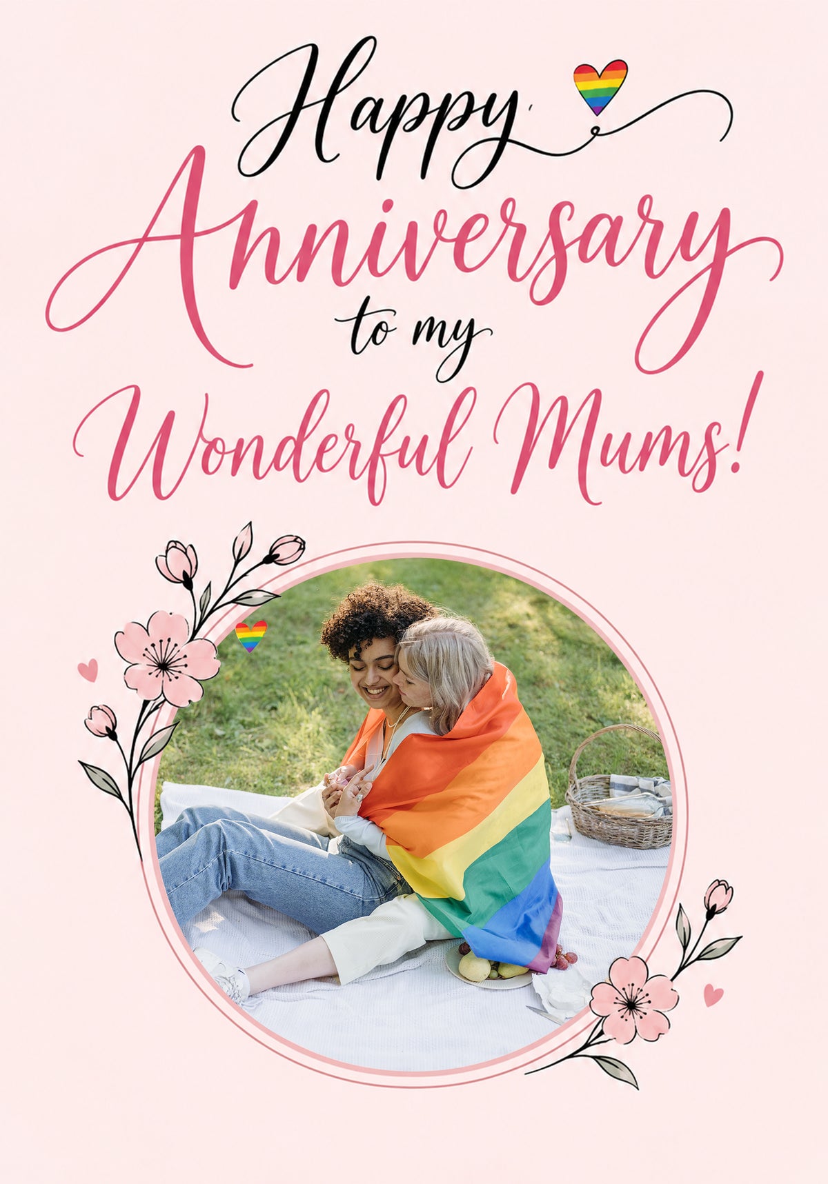 Rainbow Heart Floral Mums Photo Upload Anniversary Card