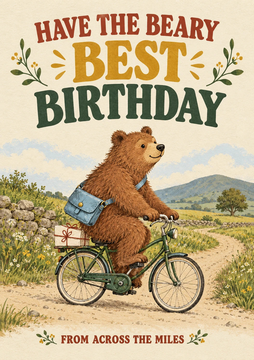 Funny Bear on Bicycle Across the Miles Birthday Card
