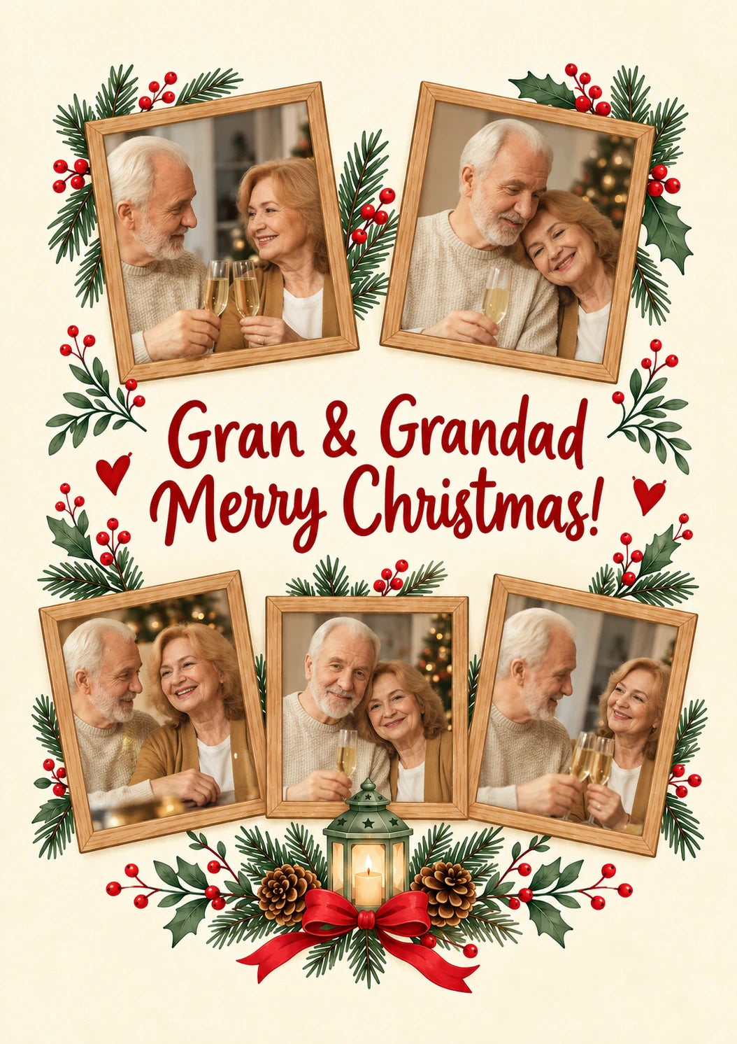 Holly Berry Wreath 5 Photo Upload Christmas Card for Grandparents