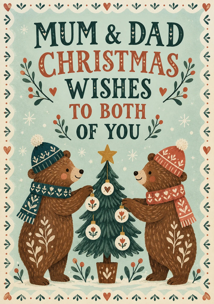 Cosy Bears Decorating Tree Christmas Card for Mum and Dad