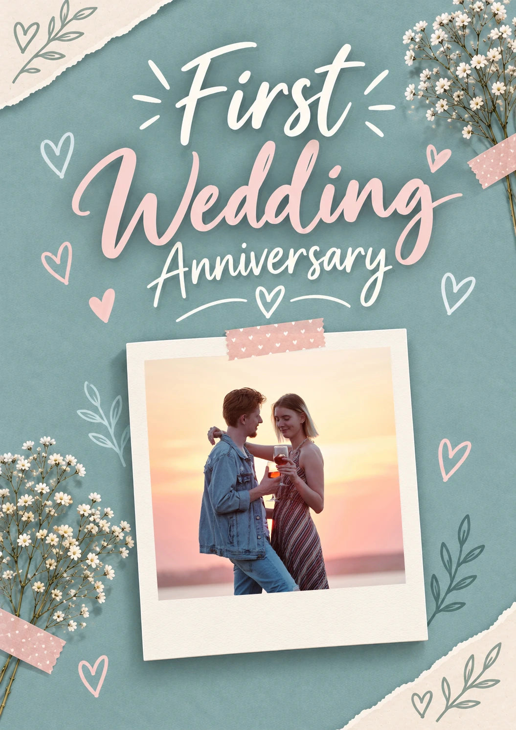 Teal Floral Hearts 1st 1st Anniversary Photo Upload Anniversary Card