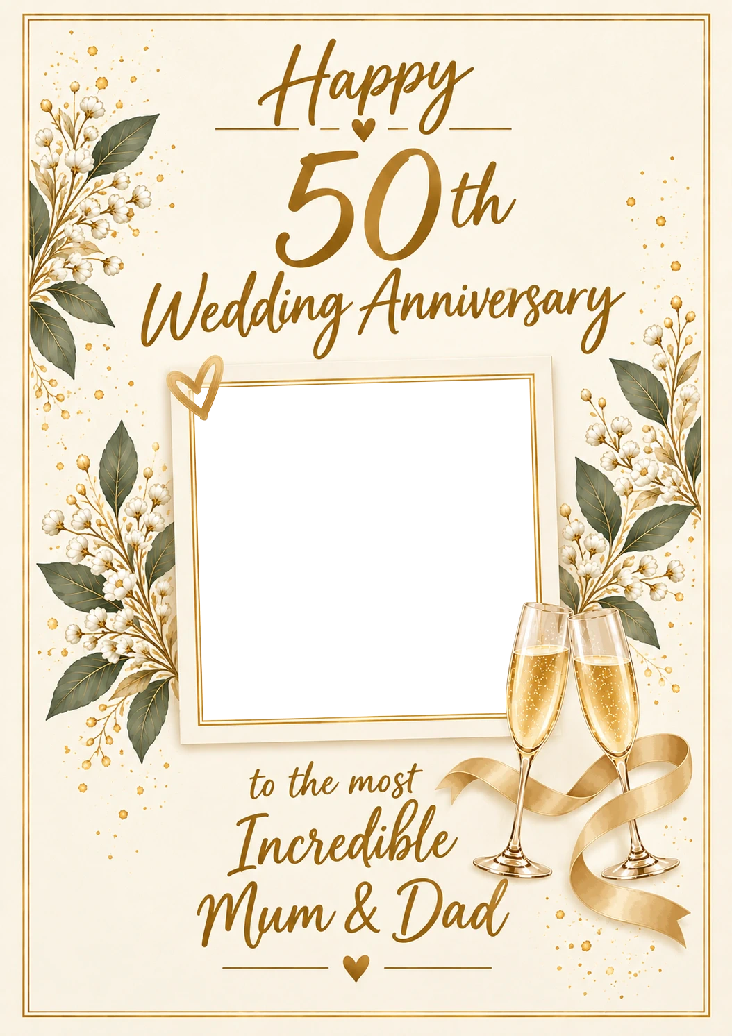 Gold Floral 50th Photo Upload Anniversary Card for Mum & Dad