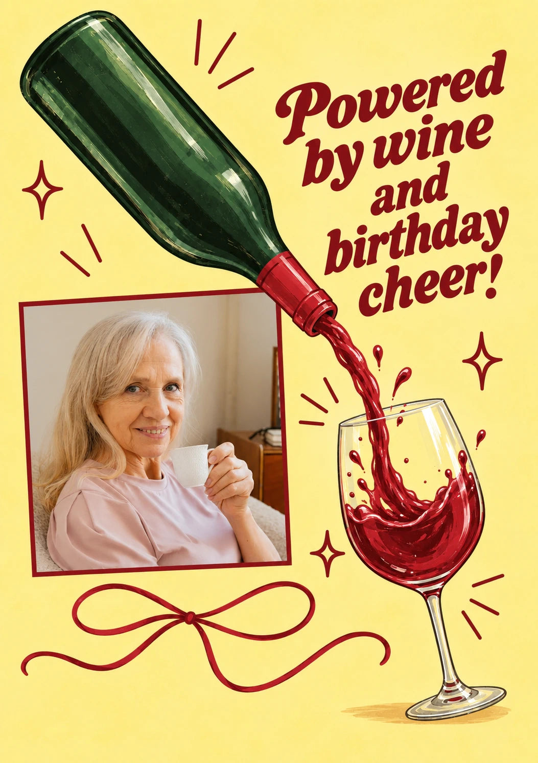 Funny Powered by Wine and Birthday Cheer Photo Upload Birthday Card for Her