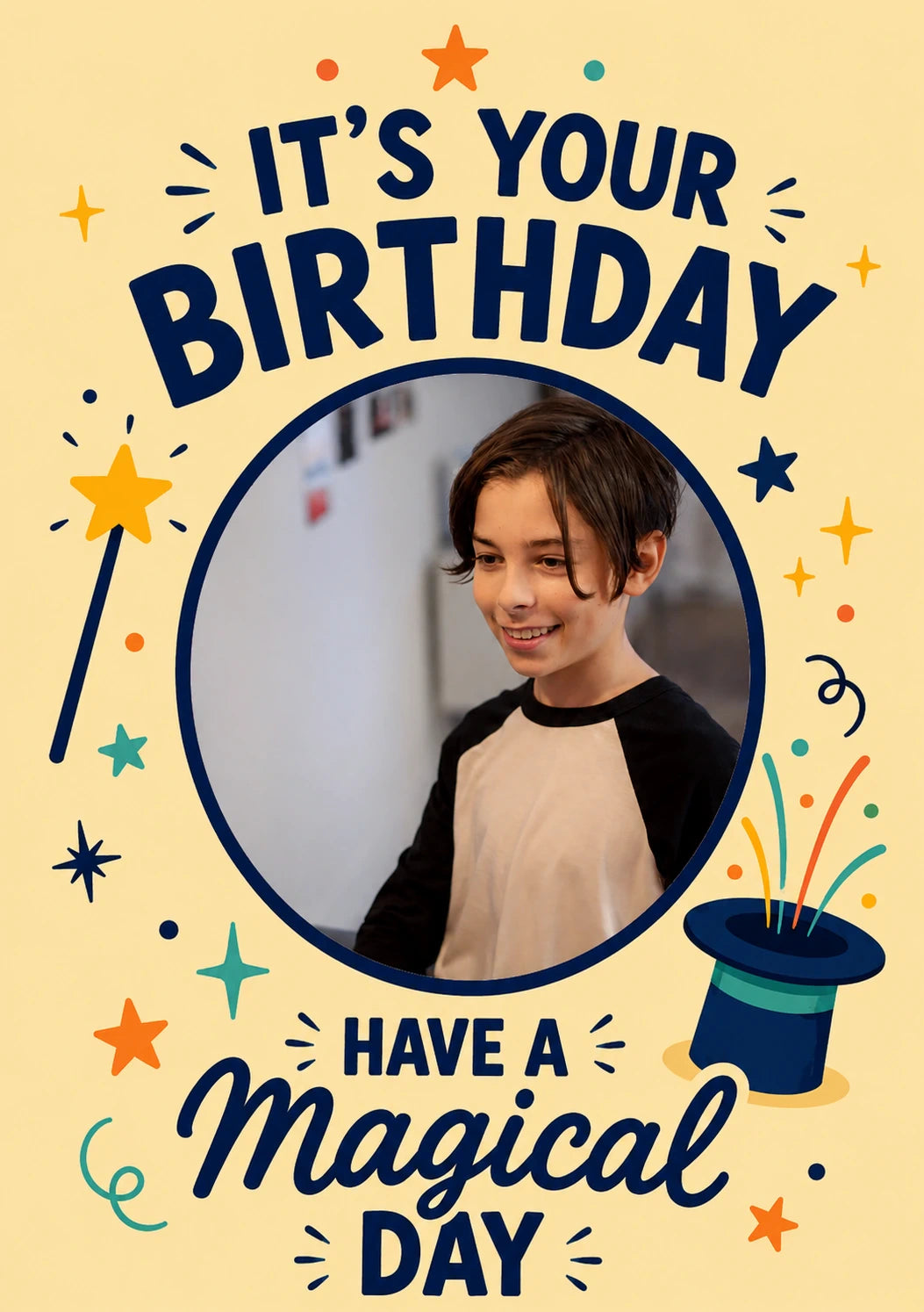 Magical Day Stars and Wand Photo Upload Birthday Card