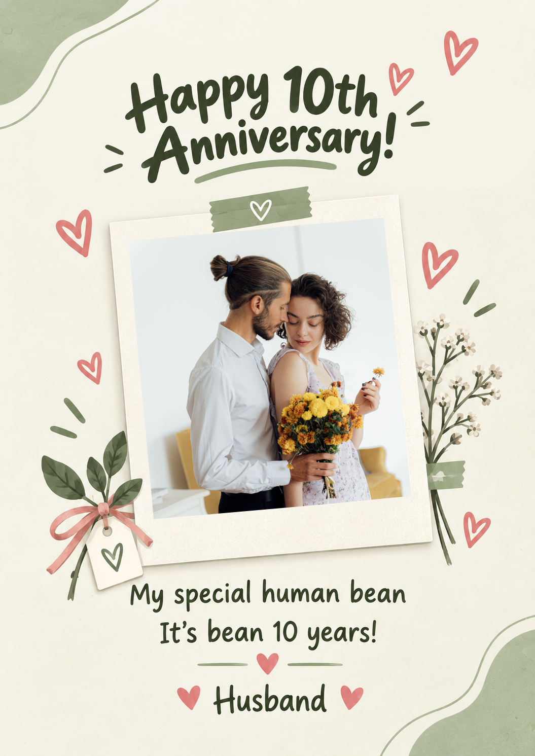 Funny Human Bean Green Floral Photo Upload 10th Anniversary Card for Husband