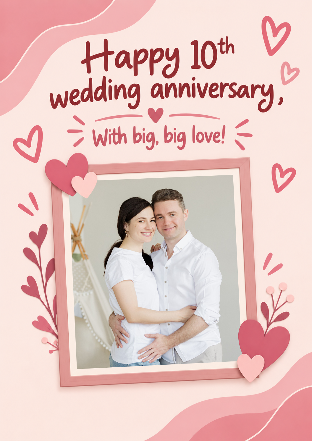 Pink Hearts and Florals Photo Upload 10th Anniversary Card for Partner