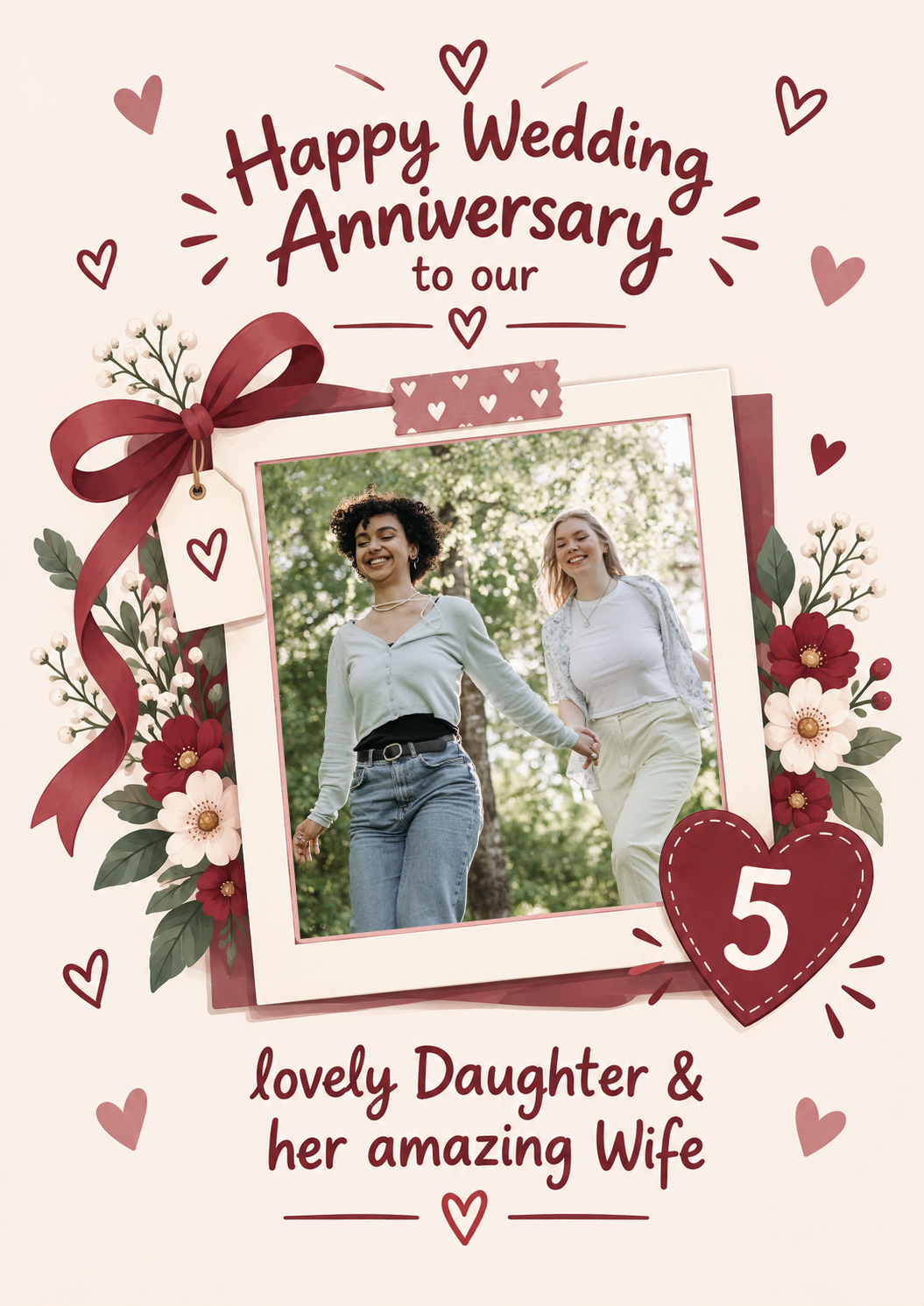 Floral Ribbon Hearts 5th Anniversary Photo Upload Card for Her
