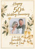 Load image into Gallery viewer, Gold Floral 50th Photo Upload Anniversary Card for Mum & Dad
