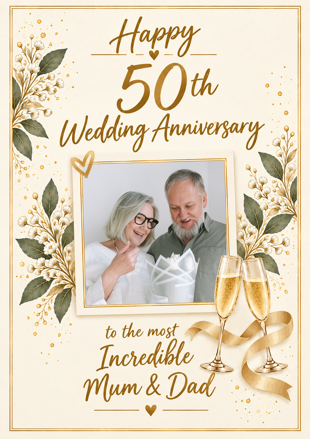 Gold Floral 50th Photo Upload Anniversary Card for Mum & Dad
