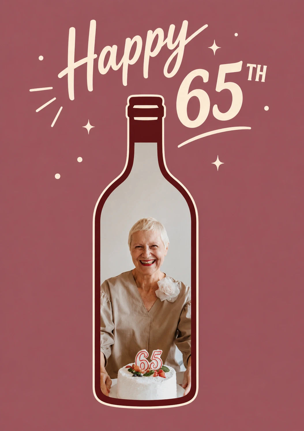 Happy 65th Wine Bottle Photo Upload Birthday Card for Her