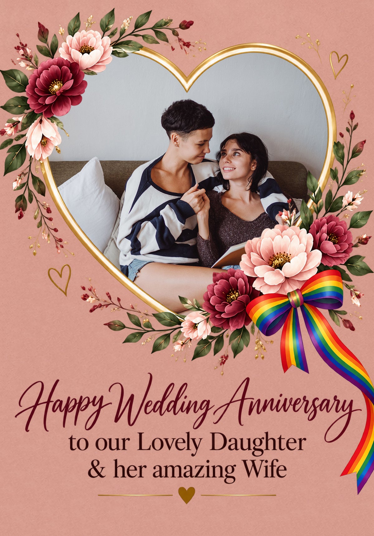 Floral Heart Rainbow Ribbon Photo Upload Anniversary Card for Her
