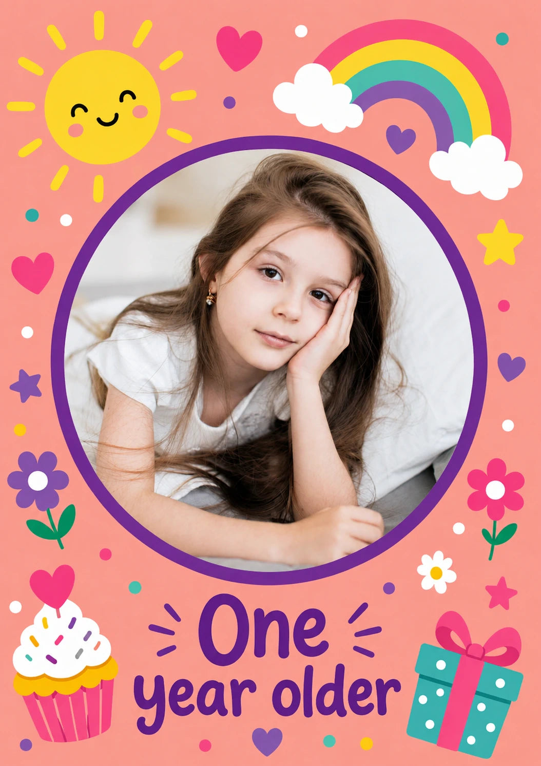 Rainbow Sun One Year Older Photo Upload Birthday Card for Her