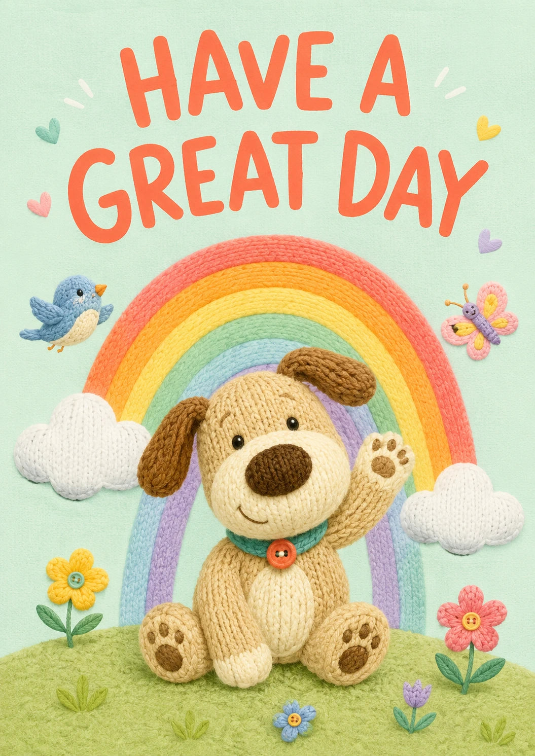 Knitted Puppy Rainbow Have a Great Day Birthday Card