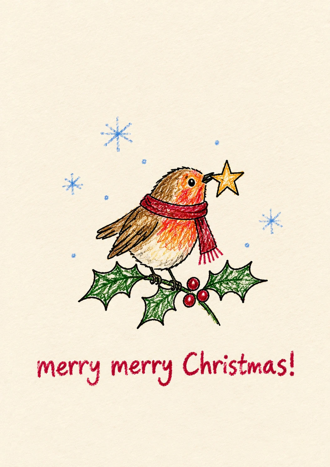 Festive Robin with Star and Holly Christmas Card