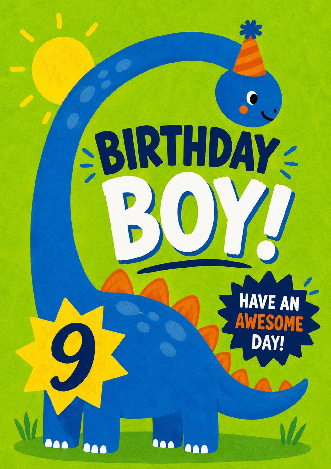 Blue Dinosaur Party Hat 9th Birthday Card for Him