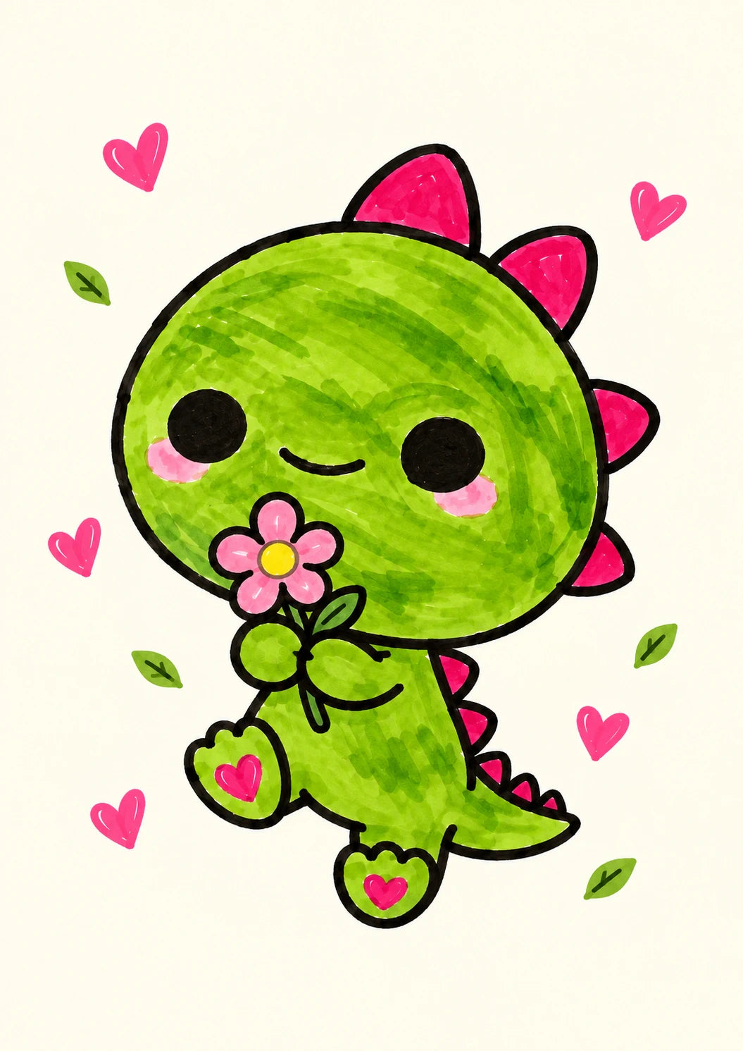 Cute Green Dinosaur With Flower Kids For Kid Birthday Card