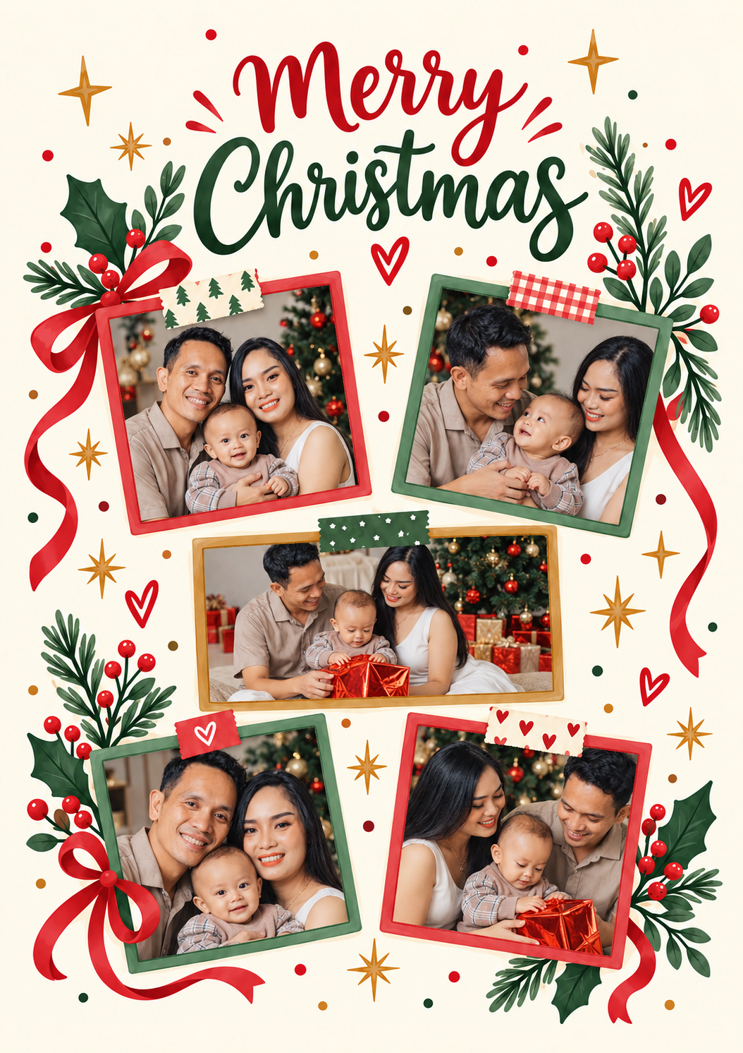 Festive Holly Collage 5 Photo Upload Christmas Card for Parents