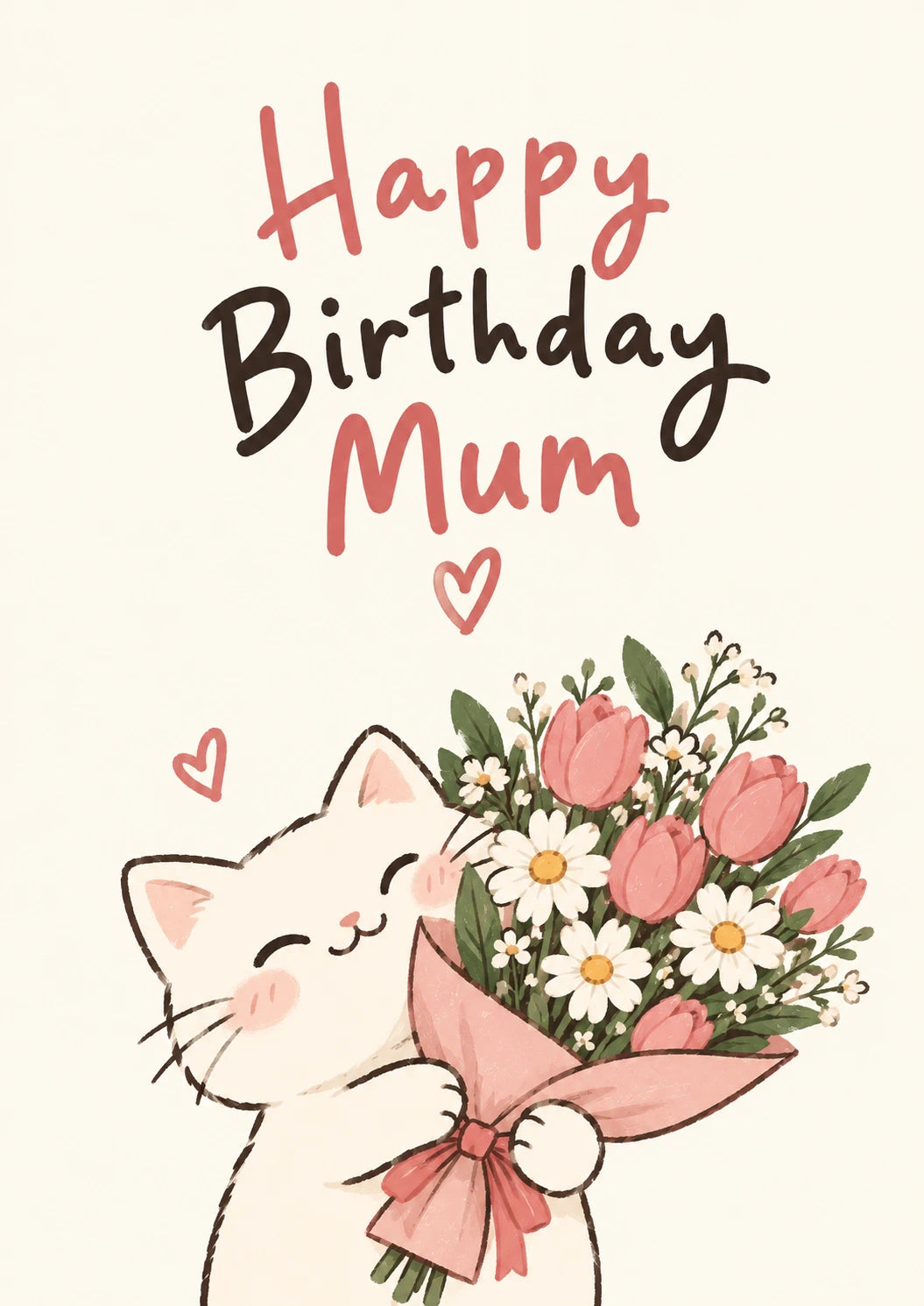 Cute Cat Floral Bouquet Mum Birthday Card for Her