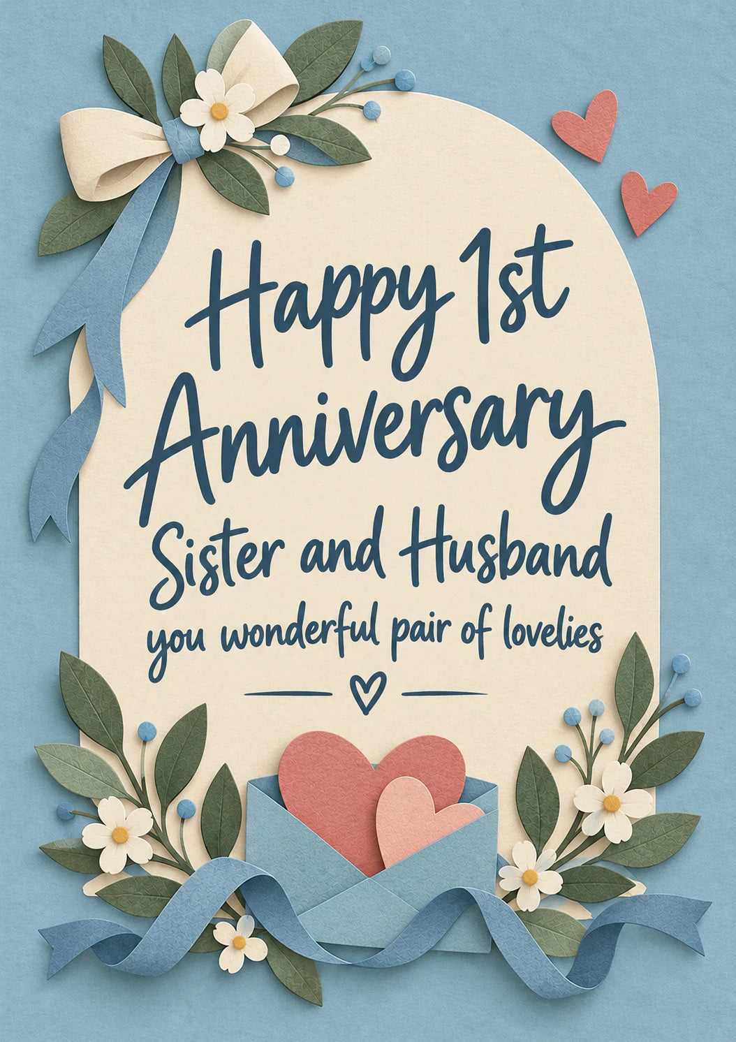 Floral Bow and Hearts 1st Anniversary Card for Sister