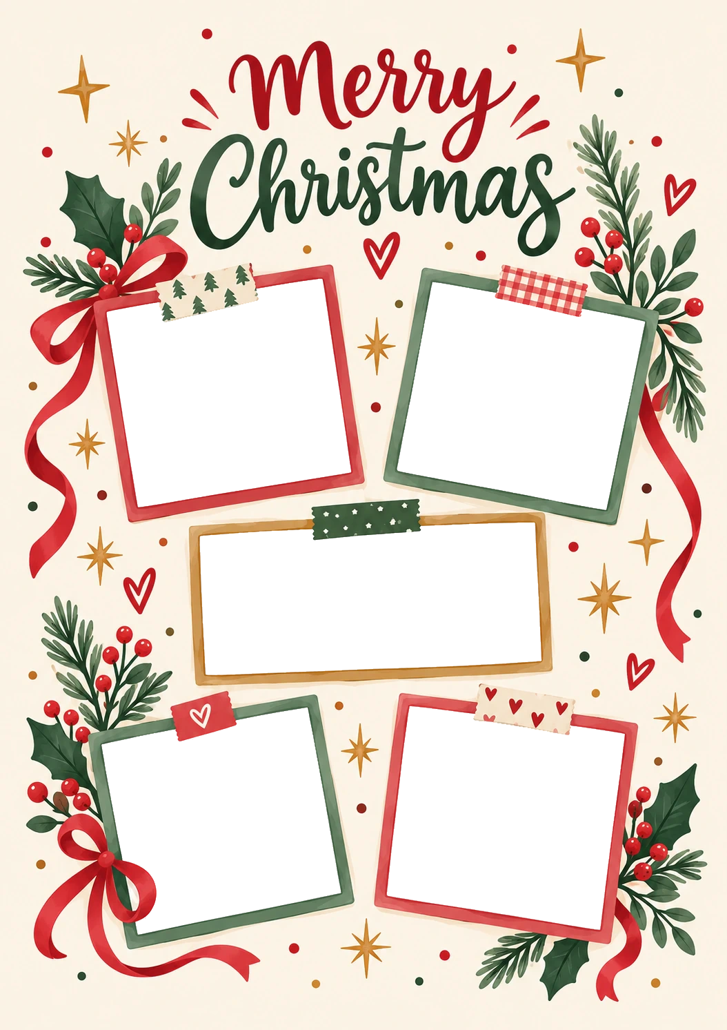 Festive Holly Collage 5 Photo Upload Christmas Card for Parents